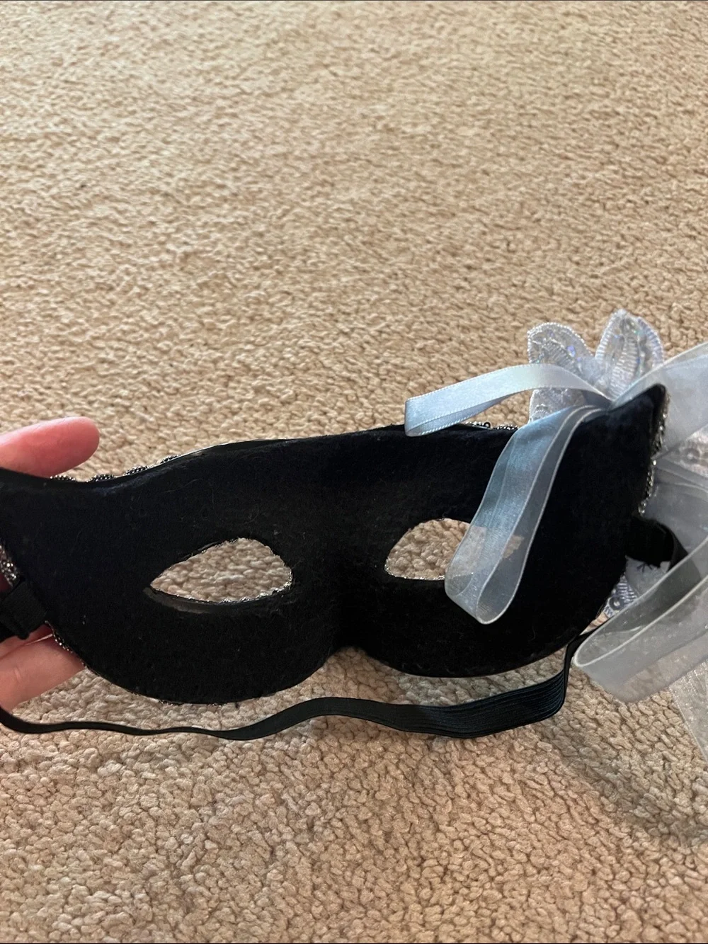 Black and Silver Beaded Masquerade Eye Mask with Ribbon Accent